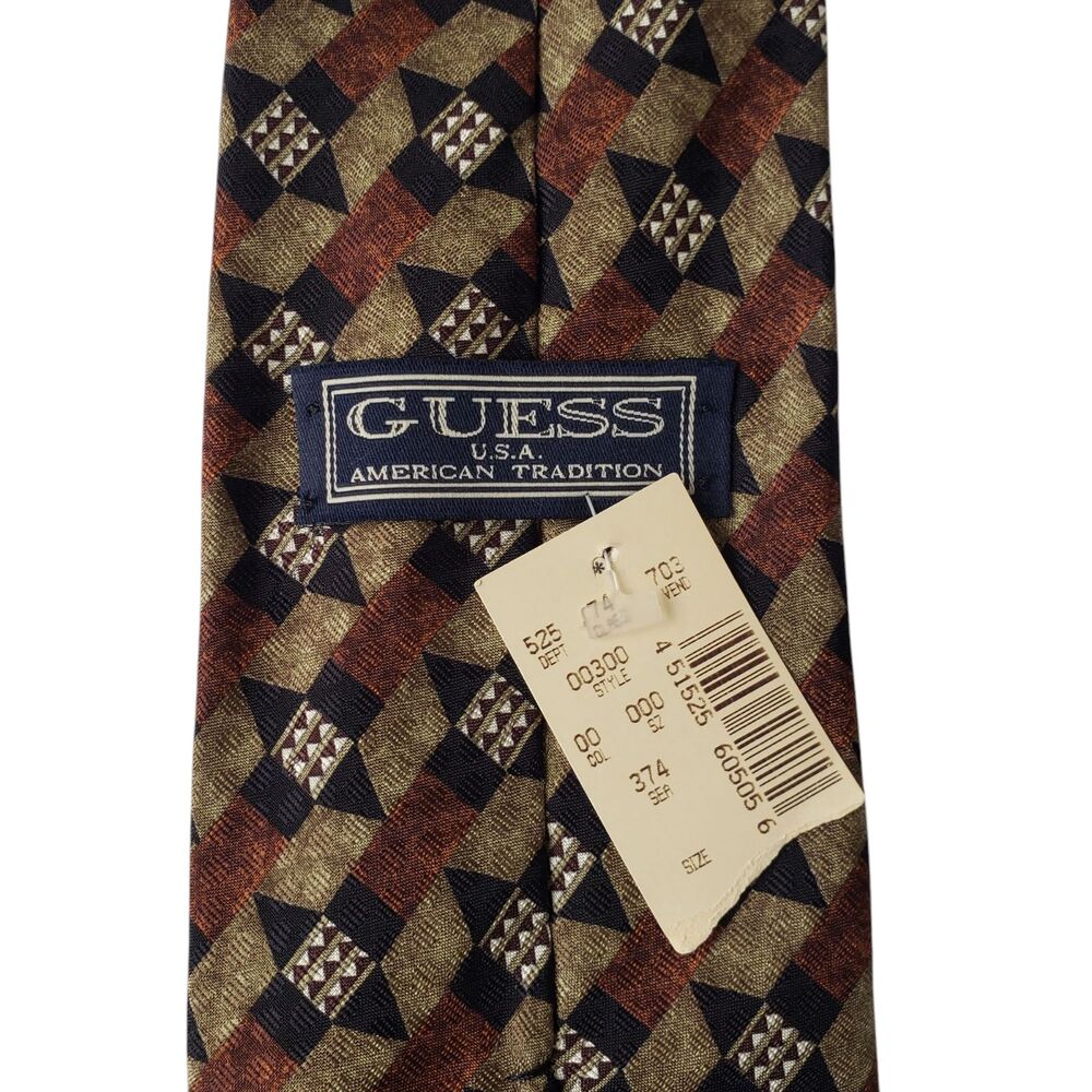 NWT Vintage Guess Silk Neck Tie Brown Beige Geometric Luxury Designer Italy